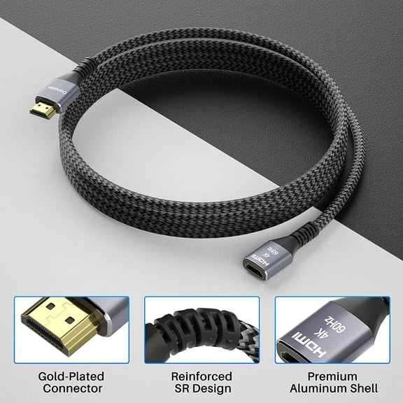DFVYU-4K HDMI Extension Cable (2 Pack 1FT+ 1FT), HDMI 2.0 Braided Extender Male to Female Cord, Pure Copper 3D 4K@60Hz 2160p 1080p HDR HDCP 2.2 ARC (with Ties, U Nails, 2 HDMI Adapters)-1 Feet-2 Pack
