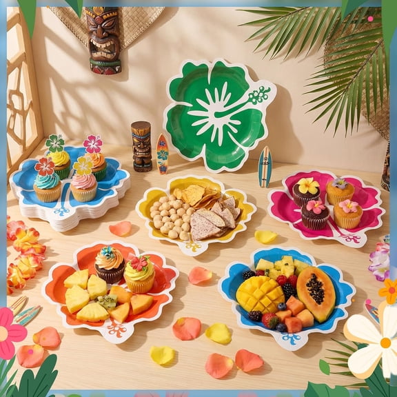 DFVYU-50 Pcs Hawaiian Hibiscus Paper Plates Tropical Party Decorations Luau Dessert Plates Disposable Aloha Platters Party Supplies Dinnerware Tableware for Summer Beach Pool Table Decor
