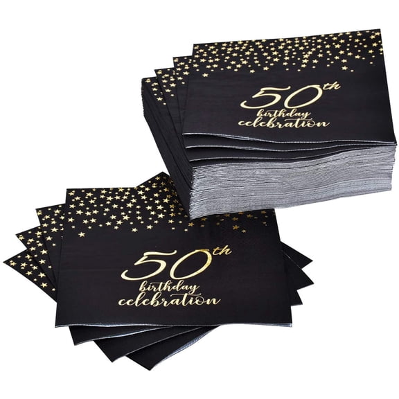 DFVYU-50th Birthday Napkin Disposable Paper Napkins Black and Gold Party Decorations Tableware for Men Woman 50 Birthday Party6.5X6.5in, 3-Ply, 50-Pack)