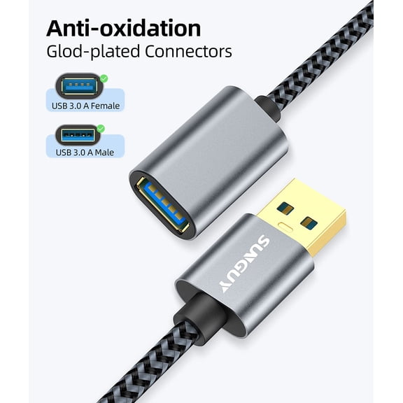 DFVYU-5Gbps USB 3.0 Extension Cable, [2P 1FT] USB A Male to Female Extender Cord, Braided High Data Transfer Compatible with Xbox, Hard Drive, Webcam, USB Keyboard, Mouse, Flash Drive, Oculus VR