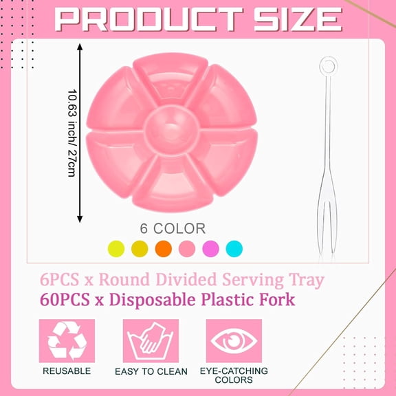 DFVYU-6 Pcs Plastic Divided Serving Trays with 60 Pcs Disposable Fork, 7 Compartments Round Chip Dip Plate, Petal Shape Platter, 10.6'' Snacks Serving Dish for Party Candy Nuts Fruits (Vibrant Color)