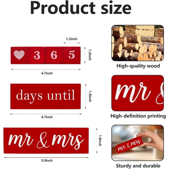 DFVYU-6 Pcs Wooden Engagement Gifts for Couples Wood Engagement Party Decorations Block Wedding Day Countdown Calendar Fiance Gifts for Women Future Mr Mrs Newly Engaged Couples, Red