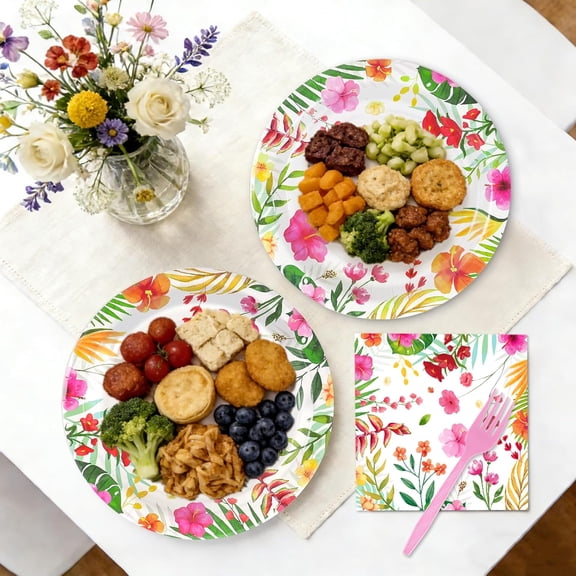 DFVYU-72 Pcs Tropical Luau Party Tableware Supplies, 9 Inch Aloha Hawaiian Disposable Dinnerware Paper Plates with Napkins and Disposable Plastic Forks for Hawaiian Tropical Summer BBQs Birthday Supp
