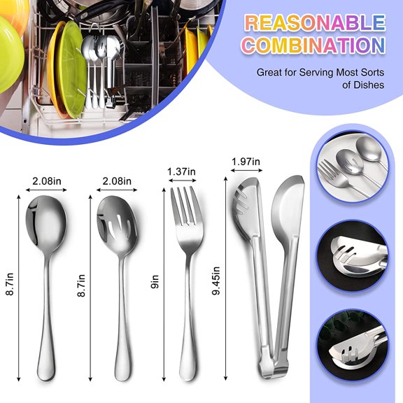 DFVYU-8 Pcs Silver Stainless Steel Serving Utensil Set 8.7" Large Spoons and Slotted Spoon 9.45" Tong 9" Forks Flatware Wedding Party Restaurant Cooking Kitchen Holiday Buffet Banquet Catering Hotel