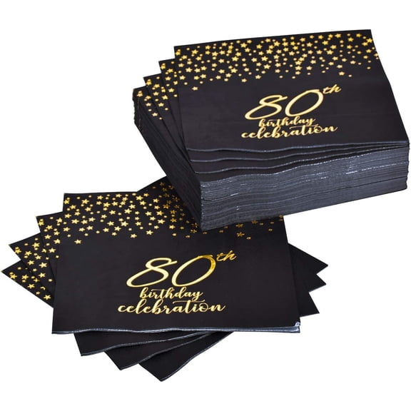 DFVYU-80th Birthday Napkin Disposable Paper Napkins Black and Gold Party Decorations Tableware for Men Woman 80 Birthday Party6.5X6.5in, 3-Ply, 50-Pack)
