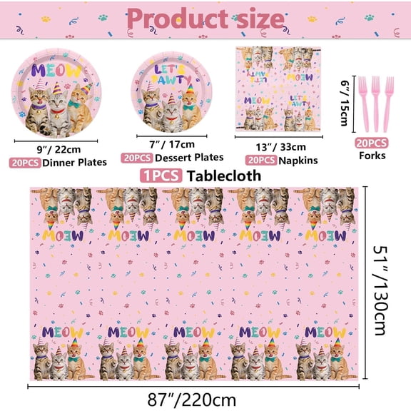 DFVYU-81 Pcs Cat Birthday Decorations - Including Plates, Napkins, Kitten Tablecloth, Plastic Forks for Cat Themed Birthday Party Decorations Girl Party, Serve 20, Pink