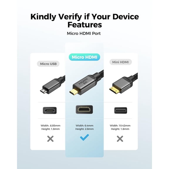 DFVYU-8K Micro HDMI to HDMI Cable 6.6ft, Micro HDMI 2.1 Adapter 8K@60Hz, 4K@240hz 120Hz 60Hz, 48Gbps, HDR, Compatible with GoPro Hero, Camera, Raspberry Pi 5 4, Samsung G8, G9, Video Capture Card