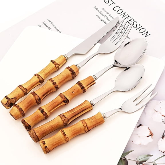 DFVYU-8pcs Dinner Fork, Stainless Steel and Natural Bamboo Cutlery Table Fork, Resuable Mirror Polish, Elegant and Exquisite Salad Fork, 8.07-inch, Silver