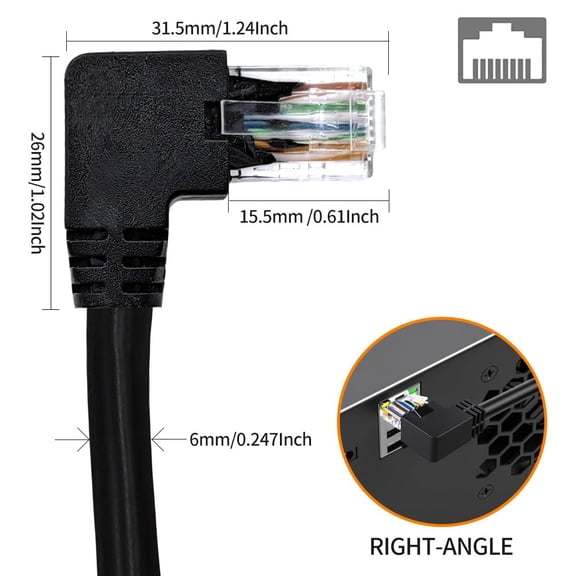 DFVYU-90 Degree Cat 6 Ethernet Cable Right Angle 6.6FT RJ45 Network Patch Cord Down/Up/Right/Left Angle LAN Connection Cable for Router, Modem, PC, Computer, Laptop, and Smart TV, Black
