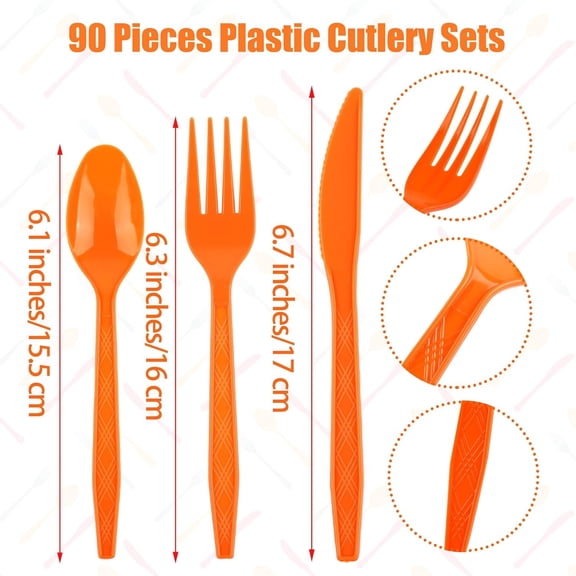 DFVYU-90 Pieces Thanksgiving Plastic Cutlery Set Disposable Orange Plastic Utensils Heavy Duty Flatware Set Includes 30 Knives 30 Forks 30 Spoons for Thanksgiving Party Wedding Birthday