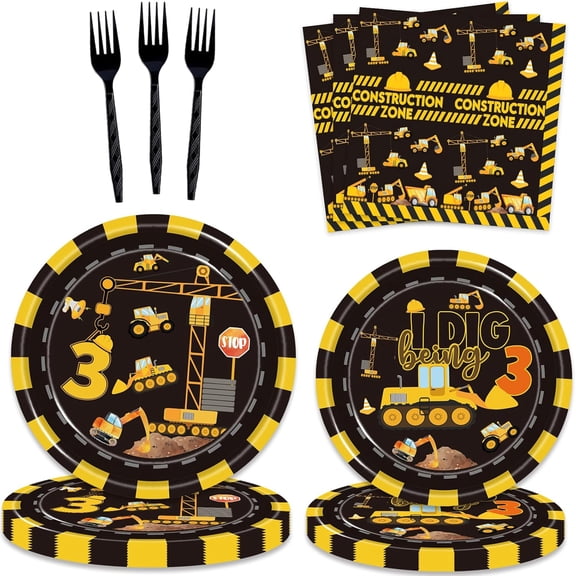 DFVYU-92 Pcs Construction 3rd Birthday Party Supplies Dump Truck Theme Three Tableware Includes Hanging Swirl, Balloons, Plates, Table Cloth for Boys Construction Three Years Old Bday Party Decoratio