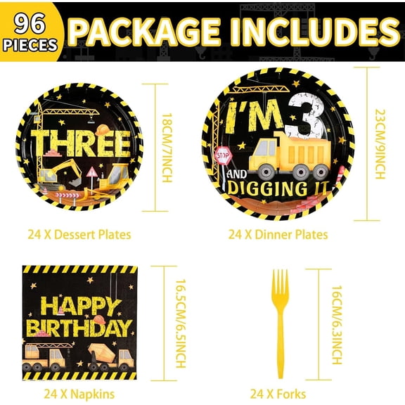 DFVYU-96 Pcs Construction 3rd Birthday Party Supplies 350 GSM Construction Plates Napkins Forks Tableware Set Excavator 3rd Birthday Decorations for Boys Dump Truck Theme 3 Year Old birthday Decor Se