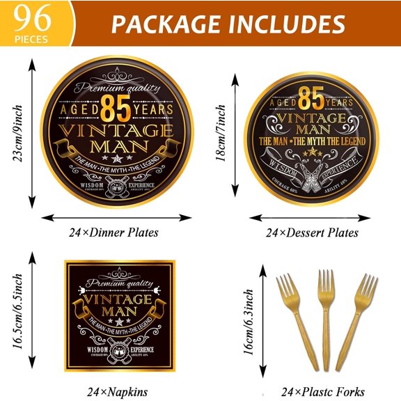 DFVYU-96 Pcs Vintage 85th Party Tableware Set Back in 1941 85th Theme Birthday Party Table Decoration Supplies Cheers to 85 Years Paper Plate Napkin Fork 24 Guests for Men