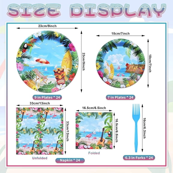 DFVYU-96 Pieces Luau Hawaiian Tableware Set Tropical Beach Disposable Plates, Napkins and Forks, Aloha Flamingo Tiki Summer Pool Party Supplies for Birthday Decorations