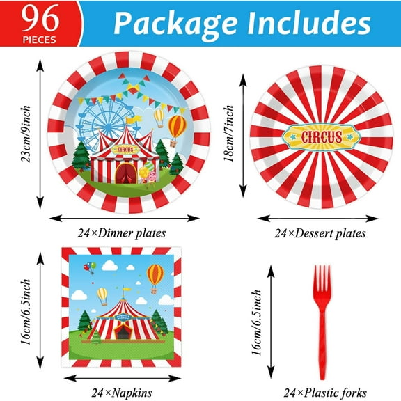 DFVYU-96PCS Circus Tableware Set Carnival Theme Dinnerware Disposable Dessert Plates Carnival Circus Party Plates Napkins Forks for Boys Girls Party Decorations Supplies 24 guests