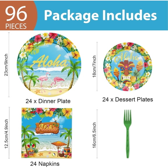 DFVYU-96PCS Hawaiian Aloha Tableware Set Luau Tropical Dinnerware Disposable Plates Beach Theme Party Plates Napkins Forks for Summer Pool Tropical Birthday Party Decorations Supplies 24 guests