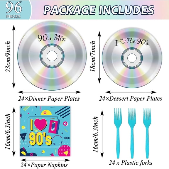 DFVYU-96Pcs 90's Party Paper Plates and Napkins for Retro 90s Theme Birthday Party Supplies 90's Mix CD Themed Paper Dessert Plates I Love The 90s Tableware Set for Men Women 24 Guests Party Decorati