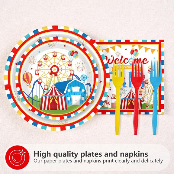 DFVYU-96Pcs County Fair Party Decorations Carnival Circus Plates and Napkins Rustic Farm Barnyard Tableware Set for County Fair Amusement Park Picnic Carnival Birthday Party Supplies, Serves 24