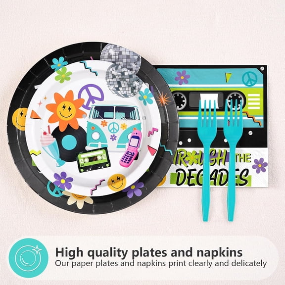 DFVYU-96Pcs Through the Decades Party Decoration Retro Music Disco Plates and Napkins 50s 60s 70s 80s and 90s Tableware Set for Men Women Birthday Concert Themed Party Supplies, Serves 24