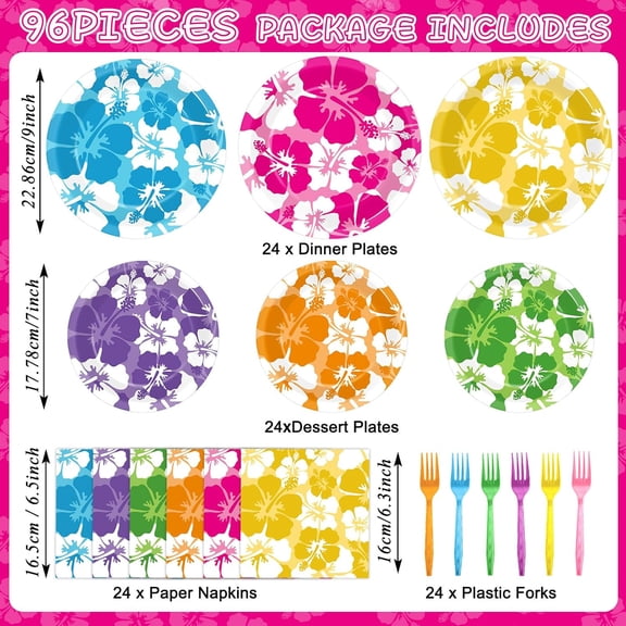DFVYU-96Pcs Hibiscus Party Plates and Napkins for Summer Hibiscus Party Decorations Luau Hawaiian Theme Paper Plates Disposable Tableware for 24 Guests Summer Beach Pool Birthday Party Supplies Favor