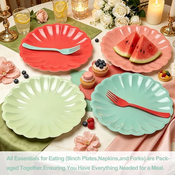 DFVYU-96Pcs Pastel Plates and Napkins Party Supplies,9" Scalloped Cololrful Paper Plates Napkins Forks,Disposable Boho Pastel Dinnerware for Summer,Garden,Birthday,Picnic,Pride Month Decorations,Serv