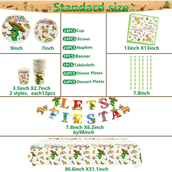 DFVYU-98 PCS Mexican Themed Fiesta Party Supplies - Paper Plates, Cups, Napkins, Tablecloth, LET'S FIESTA Banner for School Dance, Cinco de Mayo, and Mexican Fiesta Disposable Tableware Set - Serves
