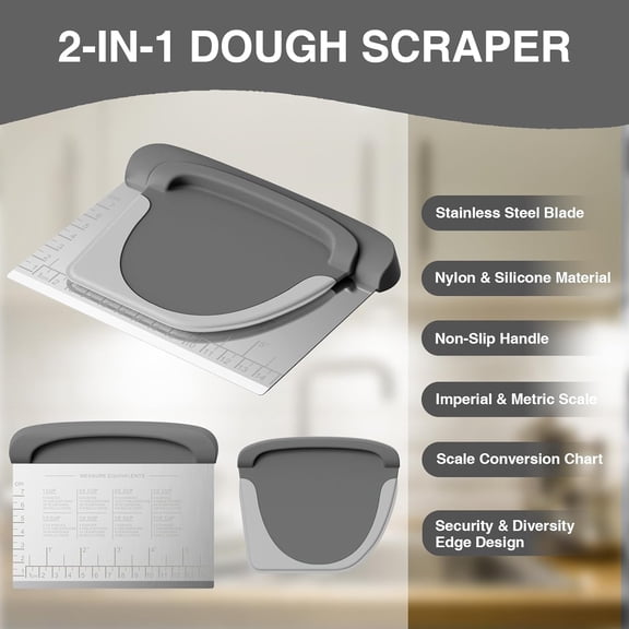 DFVYU-Bench Scraper Dough Cutter Tool - Bowl Pastry Scraper for Bread Cake Pizza, Bench Knife Kitchen Dough Scraper for Baking, Stainless Steel Food Scraper with Grip Handles & Measuring Scale, Grey,