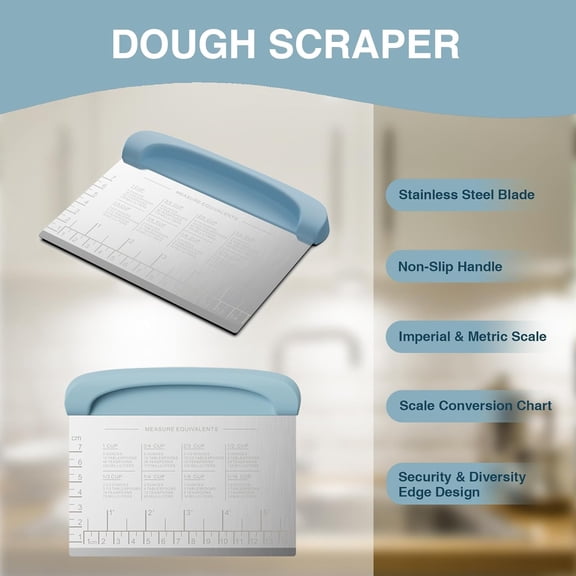 DFVYU-Bench Scraper Dough Cutter Tool - Pastry Scraper for Bread Cake Pizza, Bench Knife Kitchen Dough Scraper for Baking, Stainless Steel Food Scraper with Grip Handles & Measuring Scale, Blue