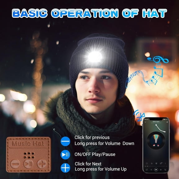DFVYU-Bluetooth Beanie with Light, Built-in Wireless Headphones & Stereo Speakers - USB Rechargeable Bluetooth Hat | Unique Tech Gifts Birthday Gifts for Men and Women (Blue, Adult)