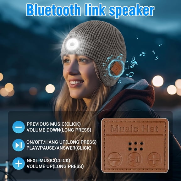 DFVYU-Bluetooth Beanie with Light, Built-in Wireless Headphones & Stereo Speakers - USB Rechargeable Bluetooth Hat | Unique Tech Gifts Birthday Gifts for Men and Women (Light Grey, Adult)