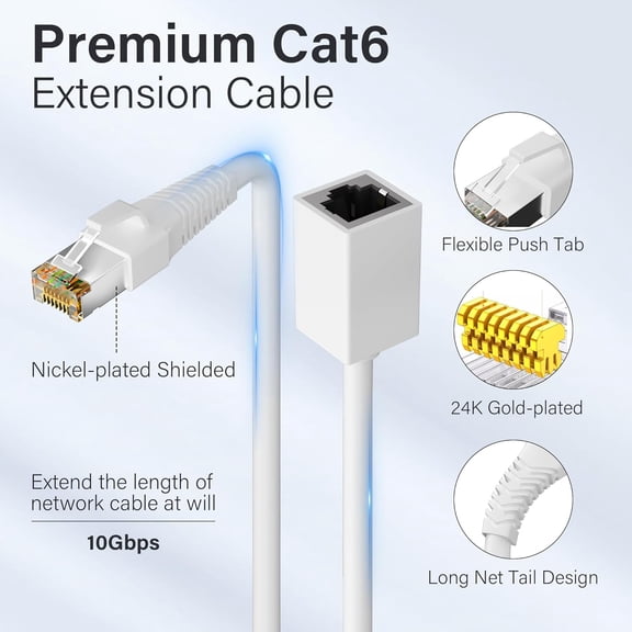DFVYU-Cat 6 Outdoor Ethernet Extension Cable 35 Ft White, High Speed Male to Female Network Cable Extender Coupler, POE, UV Resistant Heavy-Duty Direct Burial Long Cat 5e 5 RJ45 Cord Connector