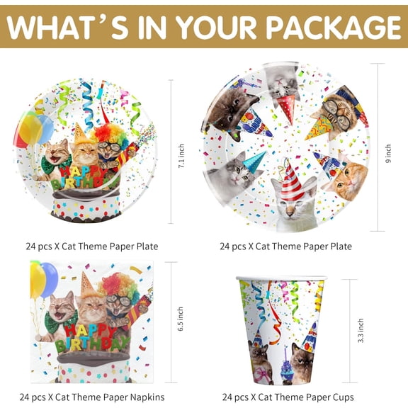 DFVYU-Cat Birthday Party Supplies - Kitten Cat Party Decorations Tableware, Paper Plates, Cups, Napkins, Tablecloth, Cutlery, Straw, Kitten Table Decorations | Serves 24