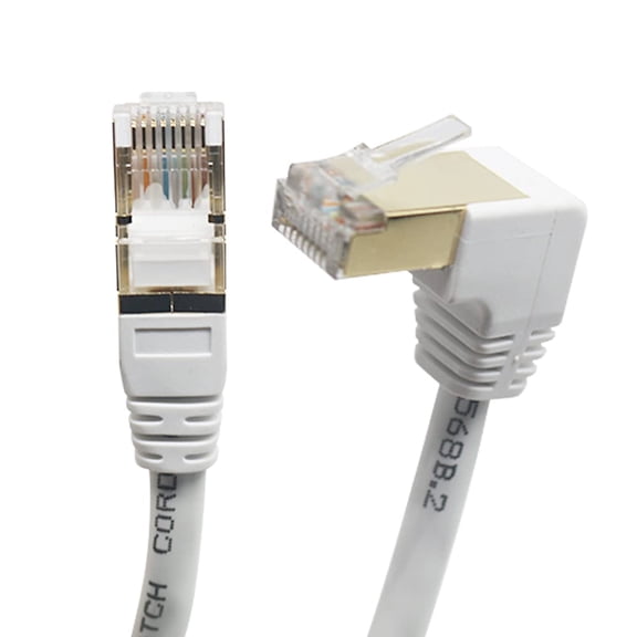 DFVYU-Cat6 Ethernet Cable 90 Degree Downward Right Angle for PC, Router, Modem, TV Box - 24 AWG FTP Cat 6 Network Cable White (Downward Angle, 10FT)