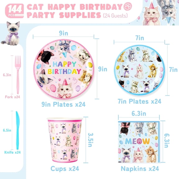 DFVYU-Cats Happy Birthday Party Plates Set, 144PCS Cats Themed Paper Plates Napkins Cups Knives Forks, 24 Set Blue Pink Disposable Tableware Set for Birthday Party Supplies