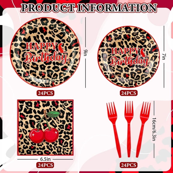 DFVYU-Cheetah Cherry Birthday Tableware Set Serves 24 Leopard Print Cherry Happy Birthday Paper Plates Napkins Forks Disposable Dinnerware for Jungle Safari Party Table Decor Supplies, 96 Pcs