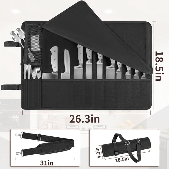 DFVYU-Chef Knife Roll Bag, Knife Bags with 14 Different Sized Knife Slots and an Adjustable Shoulder Strap, Knife Roll Bags for chefs professional, Portable Chef's Knife Bag,Black and Black