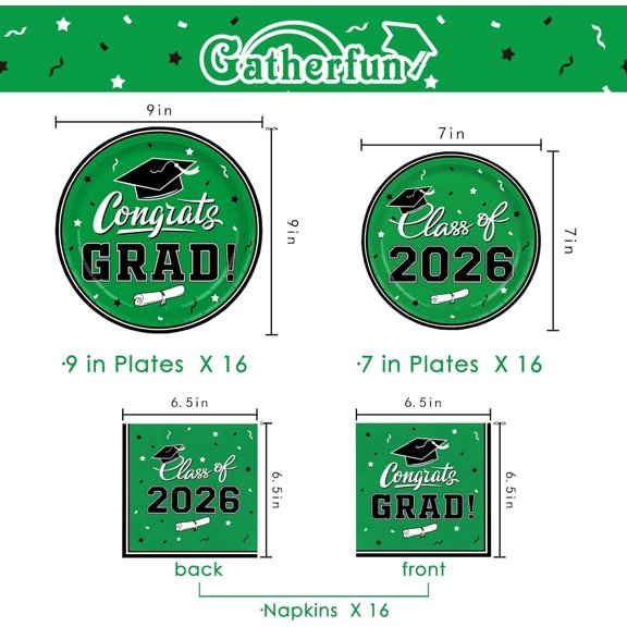 DFVYU-Class of 2026 Graduation Party Supplies - Serve 16 with Green Graduation Decorations Disposable Paper Plates and Napkins Set, for Congrats Grad Decorations and Favors