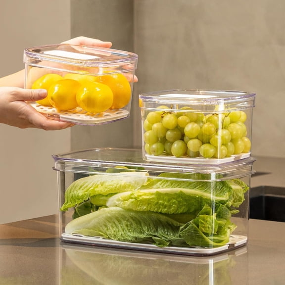 DFVYU-Duo Fresh Veggie Keeper for Fridge with Vent & Drain Trays, LARGE Fruit Vegetable Storage Container for LONG Produce Veggie, Cabbage Celery Lettuce Asparagus Zucchini Saver for Refrigerator