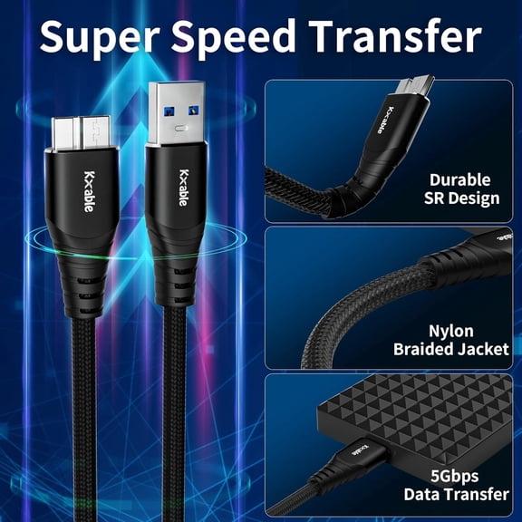 DFVYU-External Hard Drive Cord 1FT (2-Pack, USB-A to Micro-B 3.0 and One USB-C to M icro-B-3.0), Micro USB 10-Pin Cable, Compatible with Samsung S5 / Note 3, Seagate, Western Digital WD My Passport,