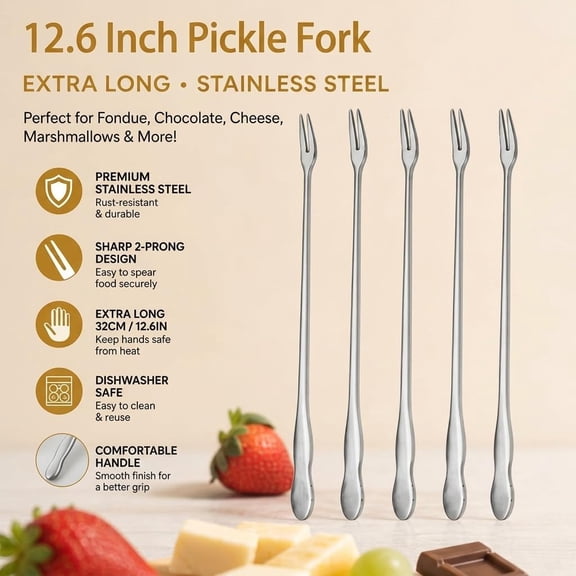 DFVYU-Extra Long Pickle Fork 12.6 inches, 5 Pcs Long Handle Olive Fork, Stainless Steel Cocktail Forks, Prong Pickle Picker, Pickle Grabber, Long Dessert Forks, Long Fruit Fork, 5 pieces