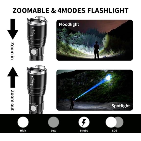 DFVYU-Flashlight Rechargeable High Lumen, 2 Pack Small Powerful Super Bright Handheld LED Flashlight, Type-C Battery Powered Tactical Zoomable Flash light, for Outdoor, Emergency, Camping, Home Use