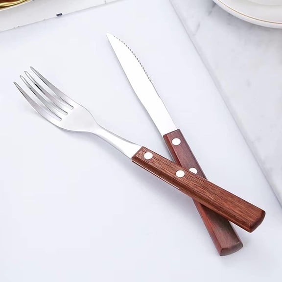 DFVYU-Forks and knives Silverware Set 4-Piece Wooden Handle Flatware Set 2 Dinner Forks & 2 Knives, Rustic Utensil Set for Home Kitchen or Outdoor Camping, Reusable Stainless Steel Cutlery Set