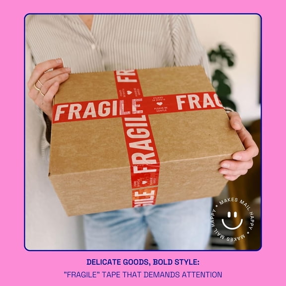DFVYU-Fragile Packing Tape, Please Be Gentle, Red Pink Cute Designer Packaging and Shipping Tape for Small Business - Printed Tape for Moving, 1.88" x 110 Yards (330 feet)