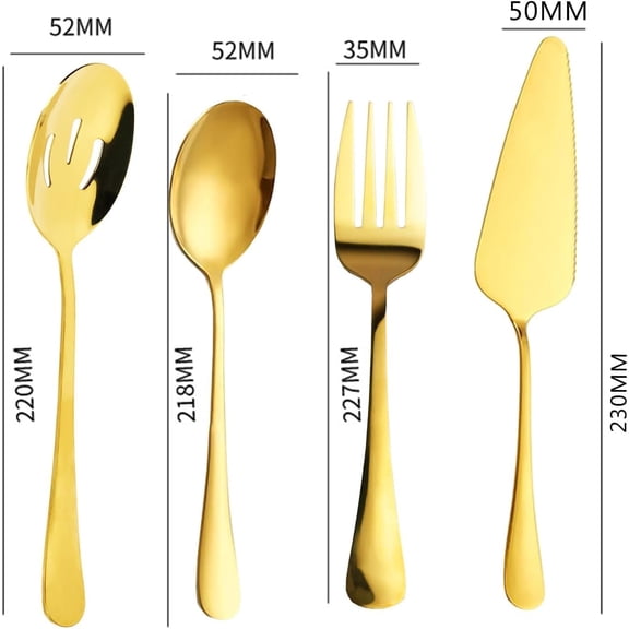 DFVYU-Golden Flatware 7 Piece Stainless Steel Set Includes Serving Spoons, Slotted Serving Spoon, Serving Tongs, Serving Fork, Salad Fork, Soup Ladle, Pie Server