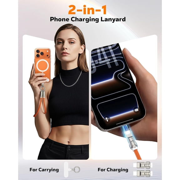 DFVYU-Hand Wrist Strap Cable USB C, PD240W USB-C to USB-C Wrist Lanyard Charging Cable, Anti-Theft Phone Strap for iPhone 17 16, Samsung S26 S25 Ultra/FE, Android Phones, Daily Outdoor(Orange/0.98ft)
