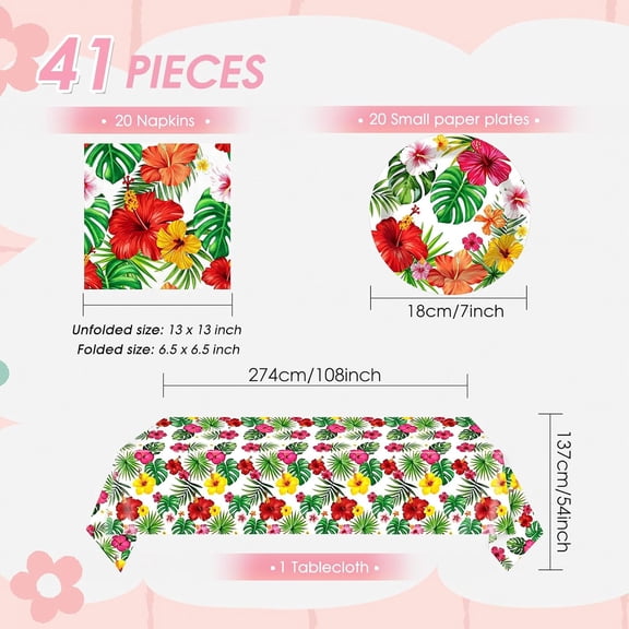 DFVYU-Hawaii Party Decorations, 41Pcs Luau Decoration Aloha Tropical Palm Leaves Tableware Hibiscus Hawaiian Table Cloths Paper Plates and Napkins Party Supplies for Birthday Summer Kid
