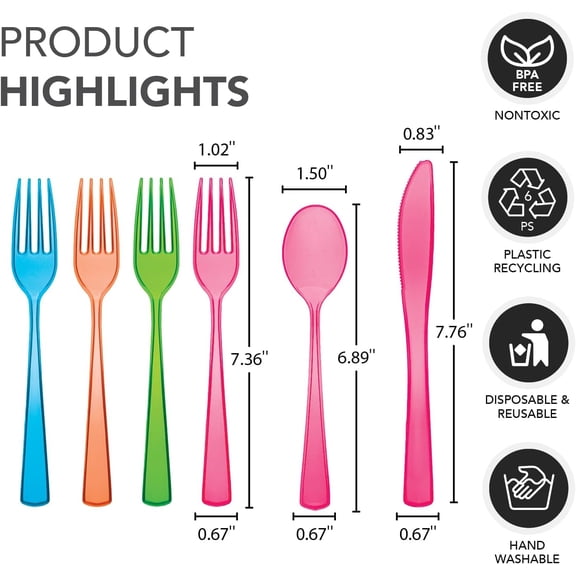 DFVYU-Heavy-Duty Hard Plastic Cutlery Combo Pack, 144 Pieces/48 Place Settings, Assorted Neon Brights