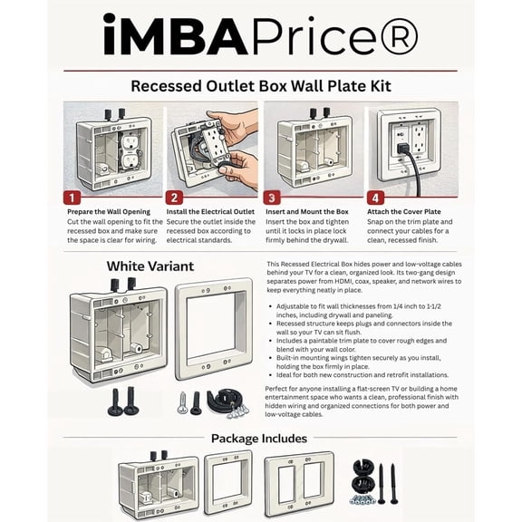 DFVYU-IMBA-TVBU505-1 Recessed TV Outlet Box, White, 2-Gang | In-Wall Electrical Box, Wall-Mounted TVs, Power & Low Voltage Cable Management