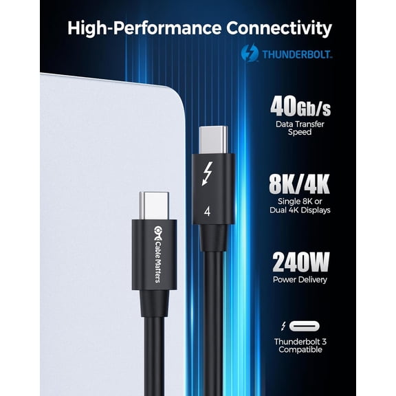 DFVYU-[Intel Certified] 40Gbps Thunderbolt 4 Cable 1ft with 8K Video and 240W Charging - 0.3m, Compatible with USB4, Thunderbolt 3 Cable and USB-C