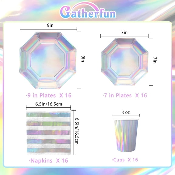 DFVYU-Iridescent Party Supplies - Disposable Paper Plates, Cups and Napkins, Ideal for Birthday, Mermaid Themed Events & Birthday or Wedding Party Decoration - Serves 16